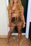 Dark Brown Fashion Sexy Solid See-through Backless Strap Design Spaghetti Strap Sleeveless Two Pieces