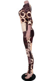 Coffee Casual Print Patchwork O Neck Long Sleeve Two Pieces