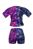 Blue Fashion Casual Camouflage Print Basic O Neck Short Sleeve Two Pieces