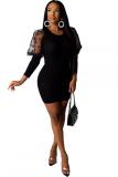 Black Sexy adult Fashion Cap Sleeve Long Sleeves O neck Pencil Dress Knee-Length Patchwork Mesh