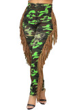 Fluorescent green Zipper Fly Sleeveless High Print Zippered Hooded Out Patchwork Tassel Hole camouflage penc