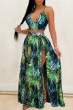 Red Fashion Sexy Print Backless Slit V Neck Sleeveless Two Pieces