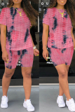 Pink Casual Patchwork Tie-dye O Neck Short Sleeve Two Pieces