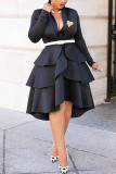 Black Fashion Sexy Solid Patchwork V Neck Long Sleeve Dress （Without Belt）
