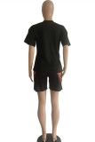Black Fashion Casual Print Basic O Neck Short Sleeve Two Pieces