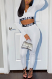 White Casual Print Letter Zipper Collar Long Sleeve Two Pieces