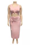 Pink Polyester Fashion adult Sexy O Neck Bandage Two Piece Suits Solid