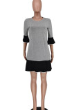 Grey Polyester Sexy Cute Casual Europe and America Princess sleeve O neck A-Line skirt Patchwork Dresses