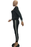 Black Casual Solid Embroidered Zipper Collar Long Sleeve Two Pieces