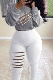 Grey Street Solid Ripped O Neck Long Sleeve Two Pieces