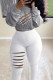 Grey Street Solid Ripped O Neck Long Sleeve Two Pieces