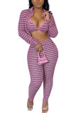 Pink Polyester OL Print Plaid Three-Piece Suits pencil Long Sleeve