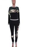 Black Polyester Fashion adult Active Camouflage Print Two Piece Suits Patchwork pencil Long Sleeve Two-pi