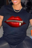 Black Fashion Casual Lips Printed Basic O Neck T-Shirts