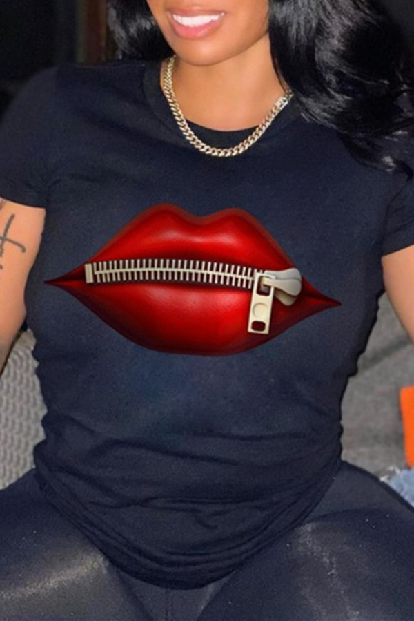Black Fashion Casual Lips Printed Basic O Neck T-Shirts