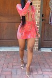 Red Fashion Sexy Print Tie-dye Strap Design V Neck Long Sleeve Two Pieces