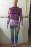 Blue Sexy Print Patchwork Zipper Collar Skinny Jumpsuits
