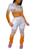 Orange Fashion Active adult Ma'am Burn-out Gradient Two Piece Suits pencil Long Sleeve Two Pieces