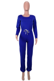 Tangerine Red Casual Solid Draw String O Neck Regular Jumpsuits