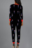 Black Street Print O Neck Skinny Jumpsuits