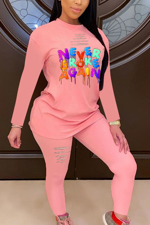 Pink Celebrities Adult Print Ripped Letter O Neck Long Sleeve Regular Sleeve Regular Two Pieces