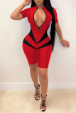 Red Fashion Casual Patchwork Basic Zipper Collar Skinny Romper