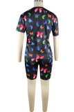 Blue knit Fashion Sexy adult Ma'am Patchwork Print Two Piece Suits Straight Short Sleeve Two Pieces