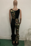 Black Fashion Casual Print Patchwork Camouflage Ruffled Polyester Sleeveless O Neck Jumpsuits