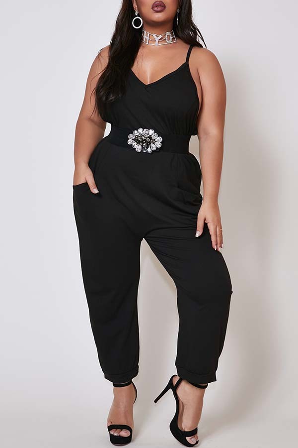 Black Polyester Fashion Sexy adult Ma'am V Neck Solid Plus Size