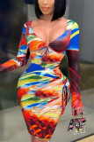 Orange Fashion Sexy Print Slit V Neck Printed Dress