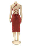 Purplish Red Fashion Sexy Solid Hollowed Out Backless Sleeveless Dress