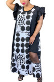 Black Fashion adult England Black Cap Sleeve Short Sleeves O neck Swagger Ankle-Length Print Polka Dot Patchwork Dresses