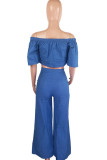 Dark Blue Fashion Casual Adult Polyester Solid Split Joint Bateau Neck Half Sleeve Off The Shoulder Short Two Pieces