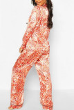 Pink Daily Print Buttons Turndown Collar Long Sleeve Two Pieces