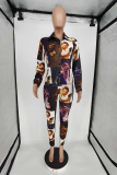 Multicolor Sexy Print Patchwork Turndown Collar Long Sleeve Two Pieces