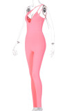Pink Fashion Sexy Solid Hollowed Out Oblique Collar Skinny Jumpsuits