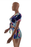 Multicolor Fashion Casual Print Hollowed Out V Neck Skinny Romper