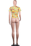 Yellow Green Yellow cartoon Multi-color purple Polyester O Neck Short Sleeve Patchwork Print Character Tops