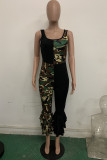 Black Fashion Casual Print Patchwork Camouflage Ruffled Polyester Sleeveless O Neck Jumpsuits