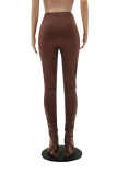 Brown Fashion Casual Solid Ripped Slit Regular High Waist Trousers