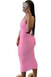 Pink Sexy Casual adult Pink Orange rose red Spaghetti Strap Sleeveless Slip Step Skirt Mid-Calf Patchwork Solid Draped Dresses