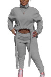 Grey Fashion Street Adult Polyester Solid Draw String Turtleneck Long Sleeve Regular Sleeve Short Two Pieces