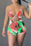 Green Fashion Sexy Print Tie Dye Hollowed Out Backless Swimwears