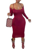 Wine Red Milk. Fashion adult Ma'am OL Wine Red Off The Shoulder Long Sleeves Slip Step Skirt Mid-Calf Solid Dresses