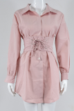 Pink Sexy Solid Patchwork Turndown Collar Waist Skirt Dresses