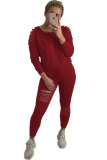 Wine Red Polyester Elastic Fly Long Sleeve Mid Beading Hole Straight Pants Two-piece suit