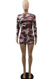 Wine Red Polyester Fashion adult Ma'am OL Cap Sleeve Long Sleeves O neck Step Skirt skirt camouflage Dresses
