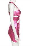 Rose Red Sexy Solid Hollowed Out Patchwork Backless V Neck Pencil Dresses
