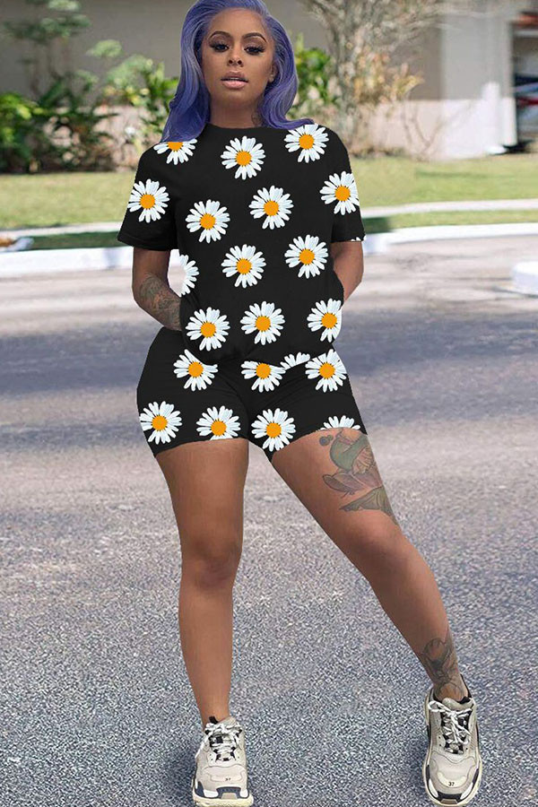Black Fashion Sexy adult Ma'am Patchwork Print Two Piece Suits pencil Short Sleeve Two Pieces