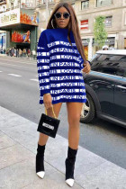 Royal blue Polyester Fashion adult Casual Cap Sleeve Long Sleeves O neck Straight Mini Character Striped Patchw